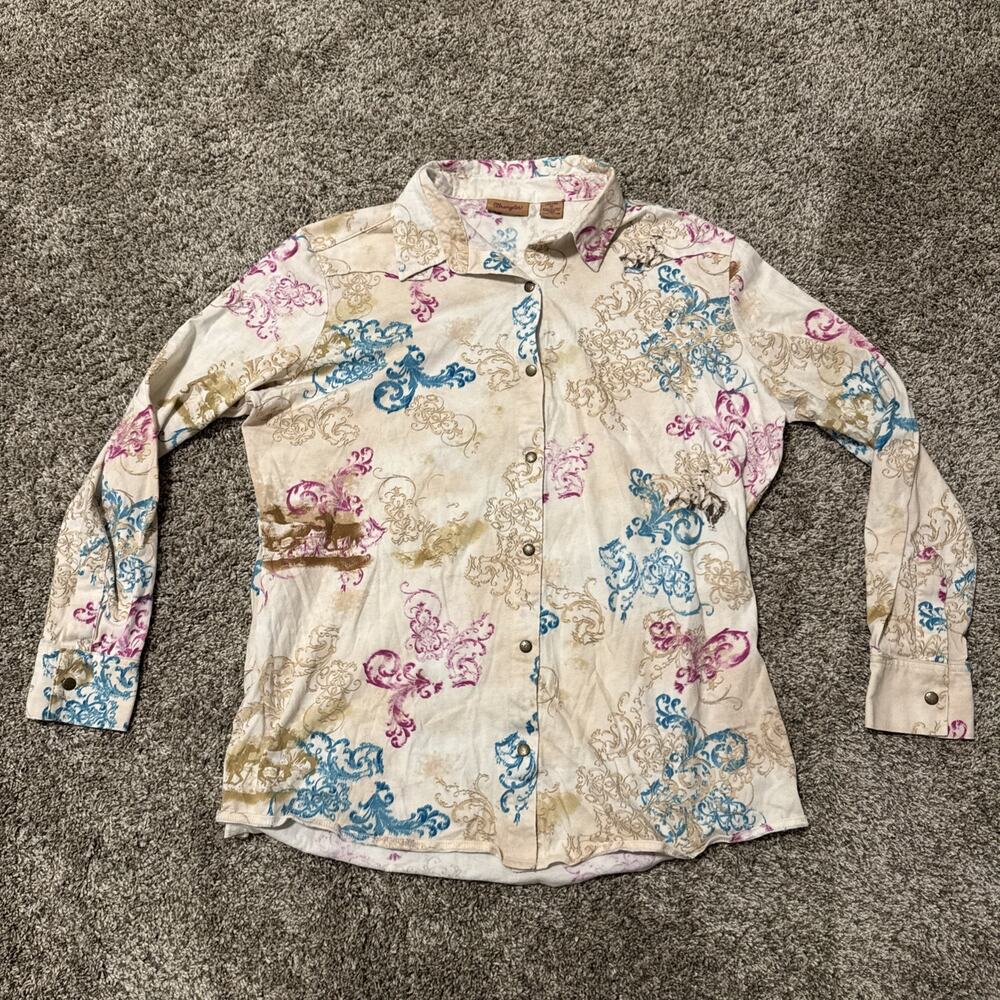 Wrangler Western Snap Shirt Large – Horse Floral Print Cowgirl Women’s Rare